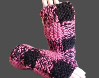 Black and Pink Mix Checked Knit Fingerless Gloves