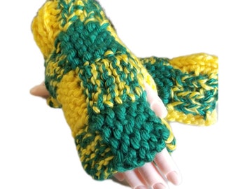 Green and Gold Mix Knit Fingerless Gloves