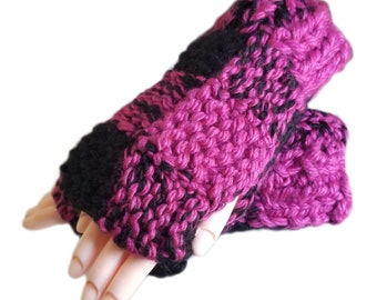 Black and Raspberry Mix Checked Knit Fingerless Gloves