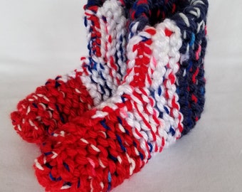 Navy Red and White Chunky Knit Slippers