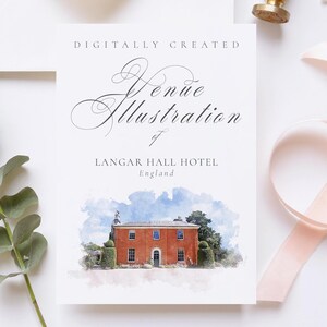 Wedding venue illustration file of the Langar Hall Hotel and Restaurant - created from digital watercolour brushes downloadable JPG