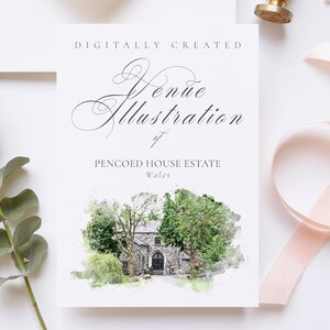 Wedding venue illustration file of Pencoed House Estate, Wales - created from digital watercolour brushes downloadable Jpg Png File