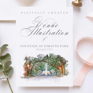 Wedding venue illustration file of Fountain at Forsyth Park USA - created from digital watercolour brushes downloadable JPG & PNG