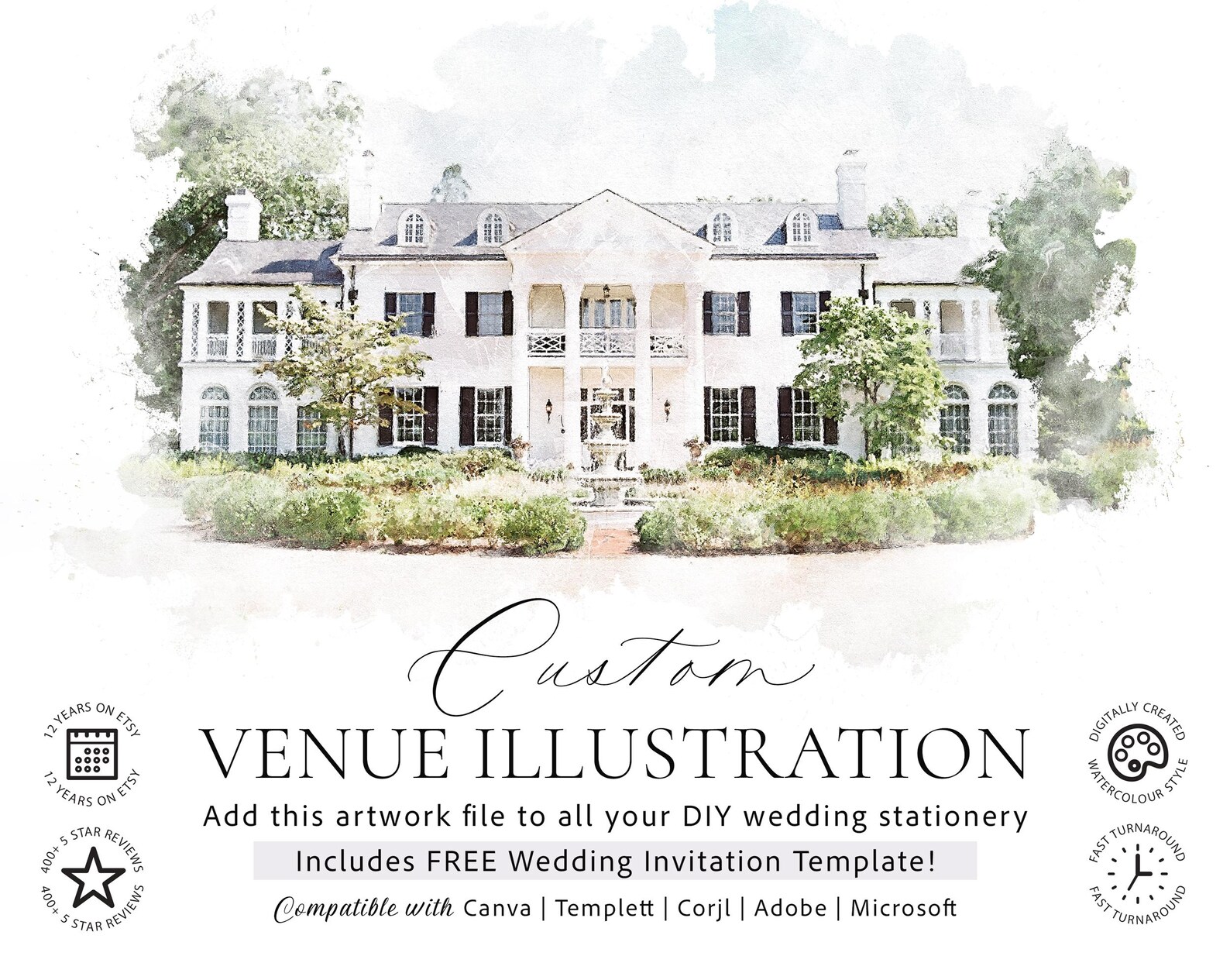 Watercolor Wedding Venue Illustration – Custom Digital File (JPG & PNG ...