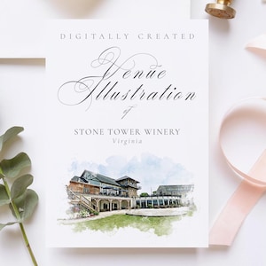 Wedding venue illustration file of Stone Tower Winery - Virginia USA - created from digital watercolour brushes downloadable JPG & PNG