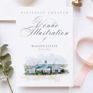 オーストラリアのワンディン エステートの結婚式場のイラスト ファイル - デジタル水彩ブラシから作成され、ダウンロード可能な JPG と PNG