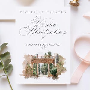 Wedding venue illustration file of Borgo Stomennano, Italy - created from digital watercolour brushes downloadable JPG & PNG