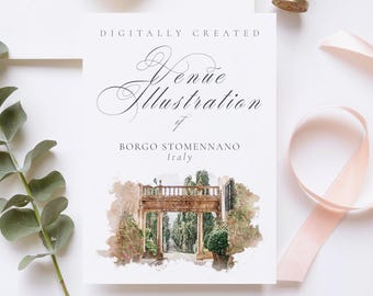 Wedding venue illustration file of Borgo Stomennano, Italy - created from digital watercolour brushes downloadable JPG & PNG