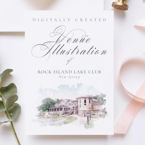 Wedding venue illustration file of Rock Island Lake Club, USA - created from digital watercolour brushes downloadable JPG & PNG