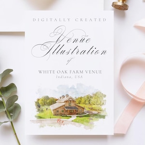 Wedding venue illustration file of the White Oak Farm Venue, USA - created from digital watercolour brushes downloadable JPG & PNG