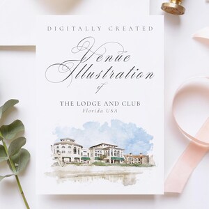 Wedding venue illustration file of The Lodge and Club, Florida, USA - created from digital watercolour brushes downloadable JPG and PNG