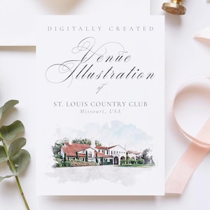 Wedding venue illustration file of St. Louis Country Club USA - created from digital watercolour brushes downloadable jpg & png
