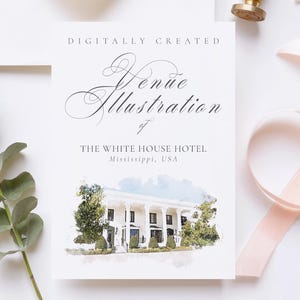 Wedding venue illustration file of The White House Hotel, Mississippi USA - created from digital watercolour brushes downloadable JPG & PNG