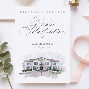 May include: A digitally created venue illustration of the War Memorial in Michigan, USA. The watercolor-style artwork depicts a stately white building with a red tile roof, surrounded by a soft, muted landscape. The text "Venue Illustration" is displayed in elegant script.