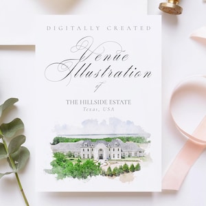 Digital Wedding Venue Sketch of The Hillside Estate, Texas USA Illustration for Invitations & Keepsakes, Instant download JPG and PNG