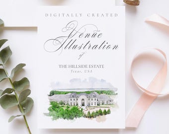 Digital Wedding Venue Sketch of The Hillside Estate, Texas USA Illustration for Invitations & Keepsakes, Instant download JPG and PNG