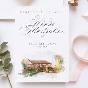 イギリス、レッドマーリーのポーントリー コートの結婚式会場のイラスト ファイル - デジタル水彩ブラシで作成、ダウンロード可能な JPG