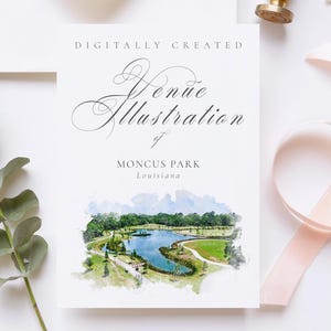 Wedding venue illustration file of Moncus Park, Louisiana USA - created from digital watercolour brushes downloadable JPG & PNG