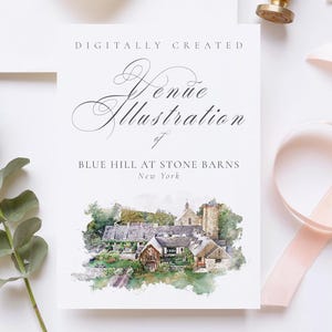 Wedding venue illustration file of Blue Hill at Stone Barns, New York, USA - created from digital watercolour brushes downloadable JPG & PNG