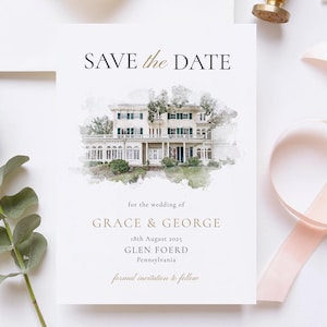 Save the Date-uitnodiging met locatieillustratie, digitale aquarel Save the Date, huwelijksuitnodiging, digitale downloadtelefoonsjabloon