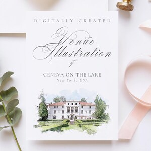 Wedding venue illustration file of Geneva On The Lake, New York - created from digital watercolour brushes downloadable JPG & PNG Instant
