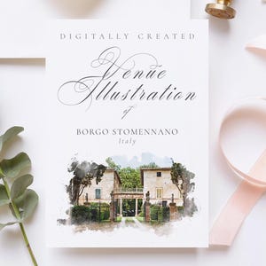Wedding venue illustration file of Borgo Stomennano Italy - created from digital watercolour brushes downloadable JPG & PNG