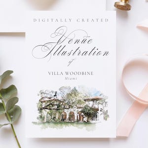 Wedding venue illustration file of Villa Woodbine, Miami USA - created from digital watercolour brushes downloadable JPG & PNG