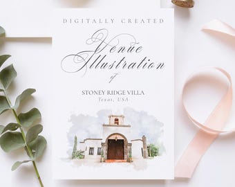Digital Wedding Venue Sketch of Stoney Ridge Villa, Texas USA Illustration for Invitations & Keepsakes, Instant download JPG and PNG