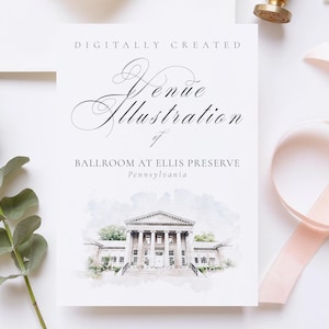 Wedding venue illustration file of Ballroom at Ellis Preserve, Pennsylvania USA - created from digital watercolour brushes downloadable