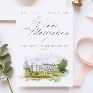 Op de afbeelding: Een digitaal gemaakte illustratie van de Sandwell Registry Office, Engeland. De afbeelding, in aquarel-stijl, toont een wit gebouw met een klassiek ontwerp, omgeven door groen en een tuin. De tekst "Venue Illustration" is in elegant schrift.