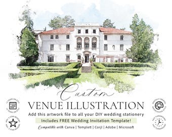 Wedding venue illustration file created from digital watercolour brushes downloadable watercolor venue art file for invitations high res