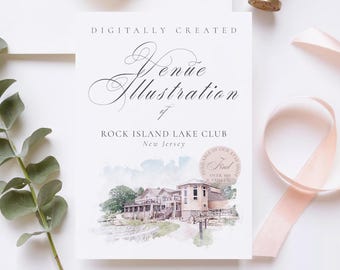 Wedding venue illustration file of Rock Island Lake Club, USA - created from digital watercolour brushes downloadable JPG & PNG