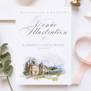 Wedding venue illustration file of Cornhill Castle Hotel, Scotland - created from digital watercolour brushes downloadable JPG & PNG Instant