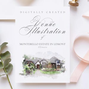 Wedding venue illustration file of Montebello Estate in Lemont, IL USA - created from digital watercolour brushes downloadable JPG