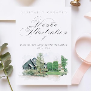 オハイオ州ジョルゲンセンファームのオークグローブの結婚式場イラストファイル - デジタル水彩ブラシで作成され、JPGとPNGでダウンロード可能
