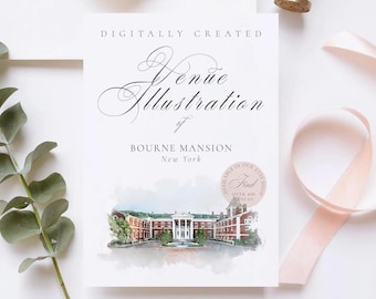 Wedding venue illustration file of Bourne Mansion New York USA - created from digital watercolour brushes downloadable JPG & PNG Instant