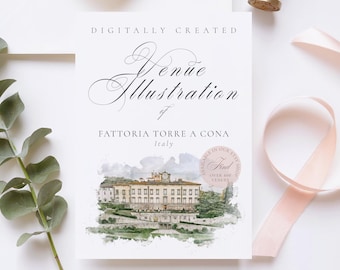 Fattoria Torre a Cona Wedding Venue Illustration | Digital Watercolour Venue Portrait | DIY Wedding Stationery Download Jpg & Png