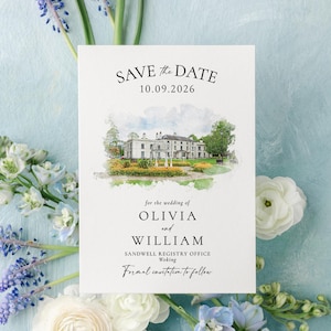 Watercolour Venue Save the Date Card with Free Ivory Envelopes, Created using your image, Wedding Venue, Save the Date cards 5x7