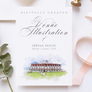 Wedding venue illustration file of Spring House, Rhode Island USA - created from digital watercolour brushes downloadable JPG & PNG Sketch