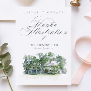 Wedding venue illustration file of The Country Club, Massachusetts, USA - created from digital watercolour brushes downloadable JPG & PNG