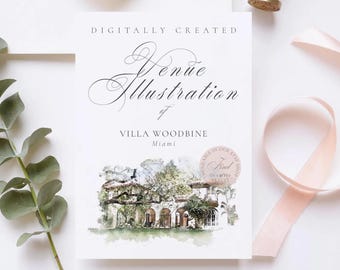 Wedding venue illustration file of Villa Woodbine, Miami USA - created from digital watercolour brushes downloadable JPG & PNG