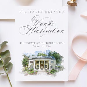 Wedding venue illustration file of The Estate at Cherokee Dock - created from digital watercolour brushes downloadable JPG & PNG
