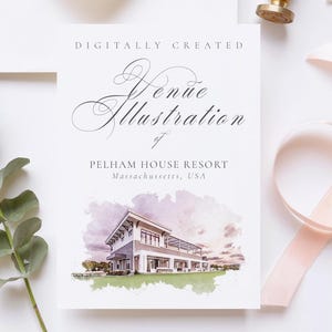 Wedding venue illustration file of Pelham House Resort, MA USA - created from digital watercolour brushes downloadable jpg & png