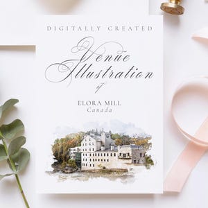 May include: Digitally created watercolor illustration of Elora Mill in Canada. The illustration depicts a white building with a river in the foreground.