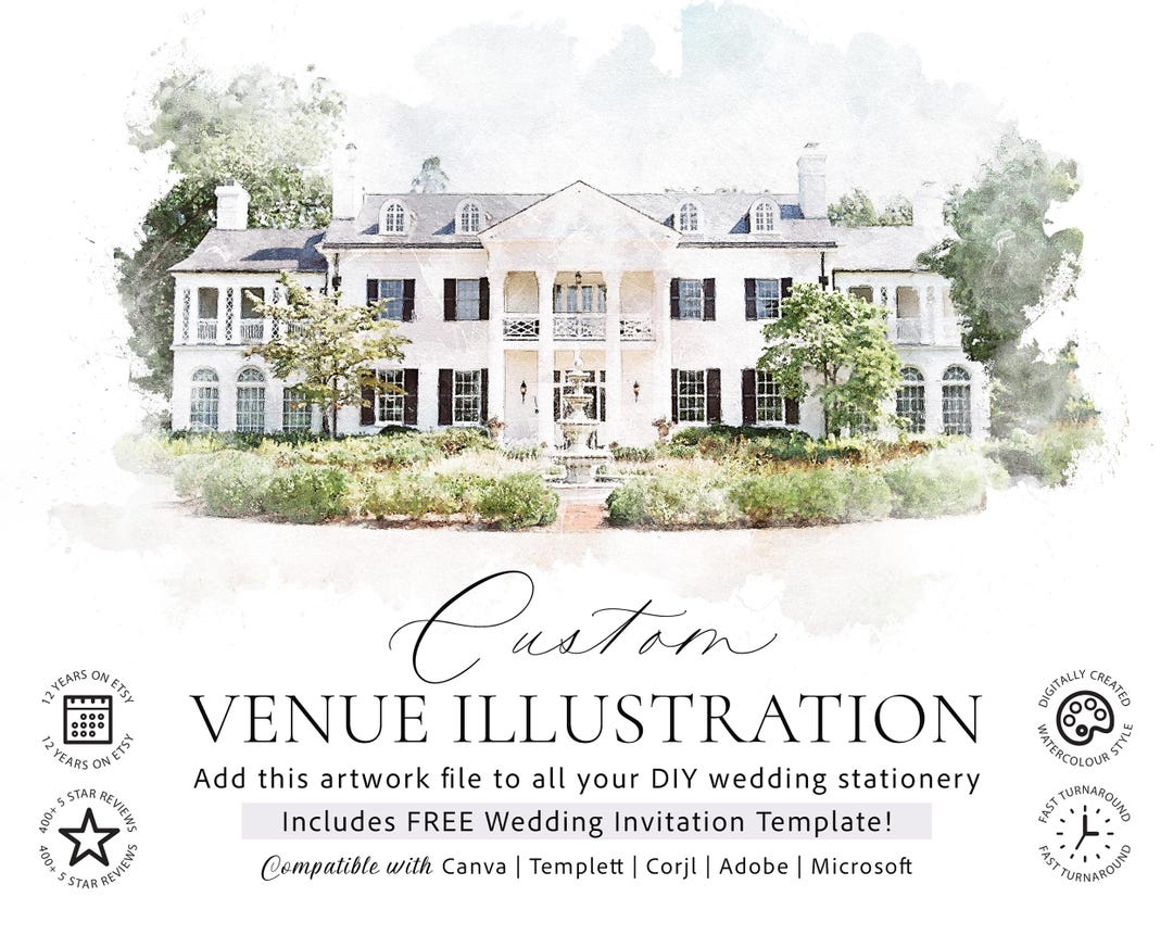 Custom Digital Venue Watercolor Illustration Wedding Venue Portrait Art ...