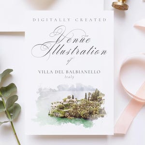 Illustratiebestand trouwlocatie van Villa del Balbianello (Italië) gemaakt met digitale aquarelpenselen, downloadbaar JPG en PNG