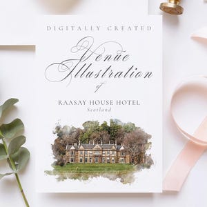 Wedding venue illustration file of Raasay House Hotel, Scotland - created from digital watercolour brushes downloadable Jpg Png File