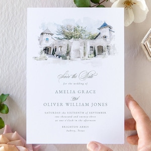 Save the Date with custom digital watercolour venue illustration - illustrated venue - Digital download PDF for home/printing locally