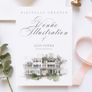 Wedding venue illustration file of Glen Foerd - Pennsylvania, USA - created from digital watercolour brushes downloadable JPG & PNG