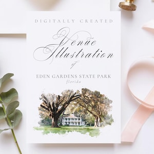 Wedding venue illustration file of Eden Gardens State Park - Florida, USA - created from digital watercolour brushes downloadable JPG & PNG